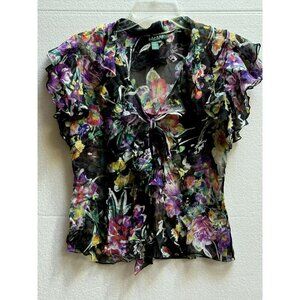 Ralph Lauren (LRL) 100% Silk Black Floral Semi-Sheer Ruffled Blouse Feminine PM